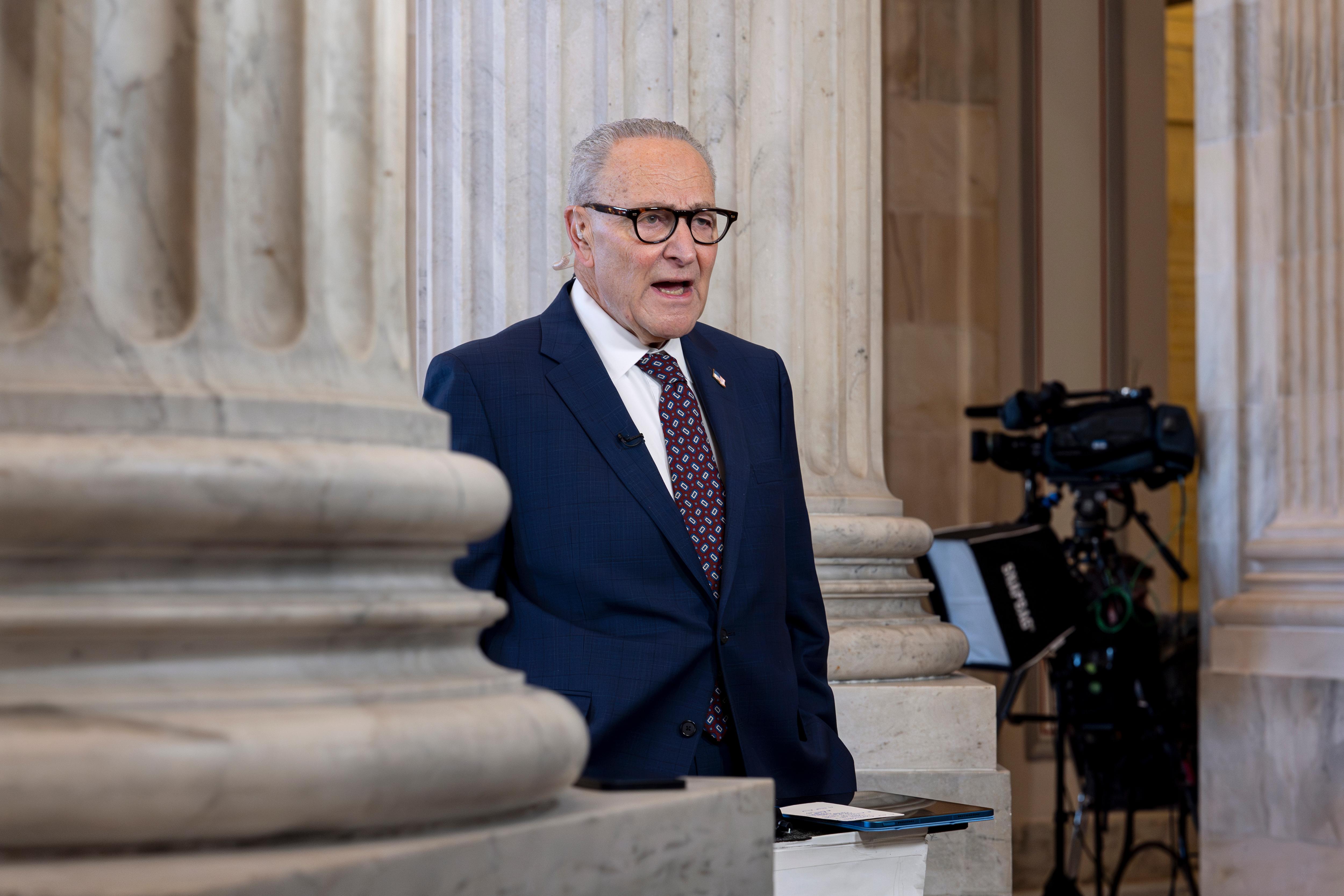 Senate Minority Leader Chuck Schumer, D-N.Y., speaks during a TV...