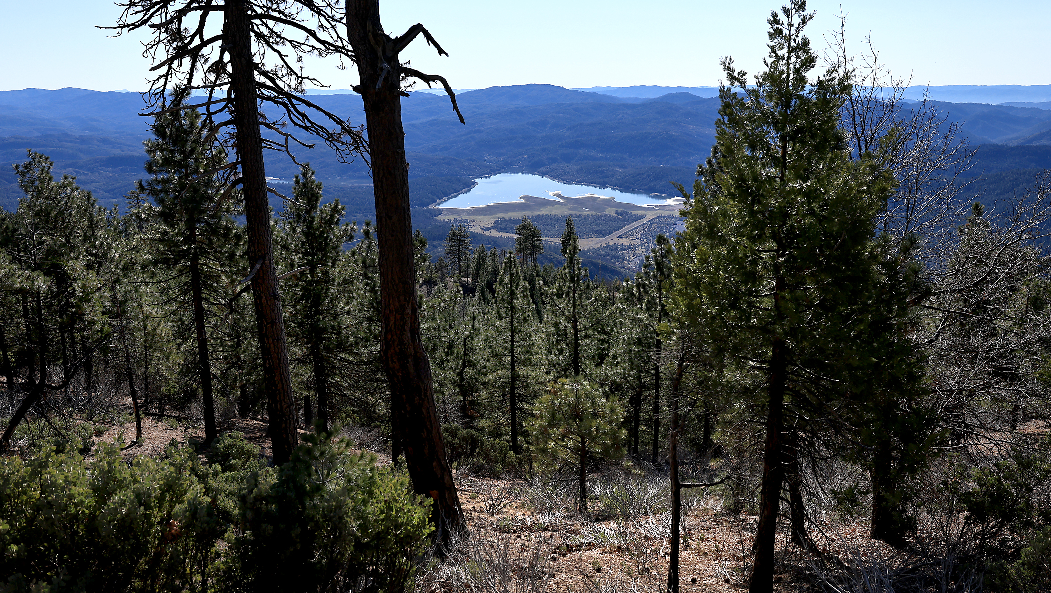 The view of partially depleted Lake Pillsbury above the snow...